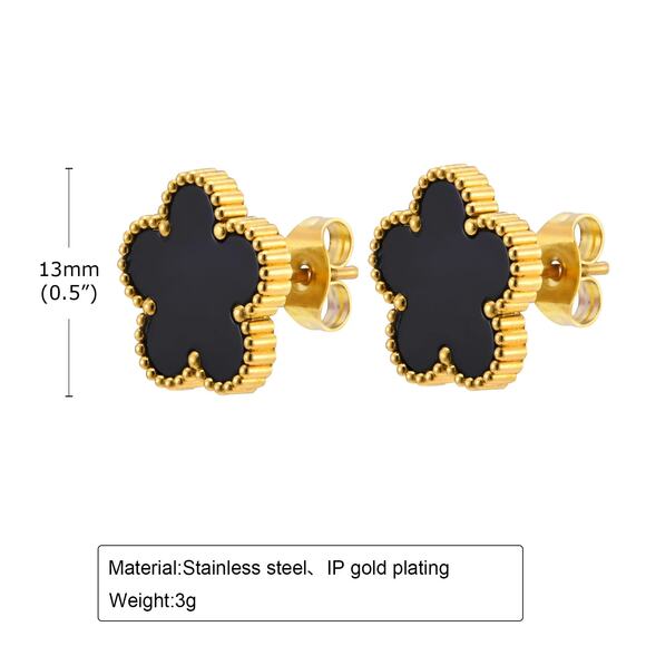 Black Flower Clover Earring 18K Gold Plated Stud Earrings - Picture 5 of 5